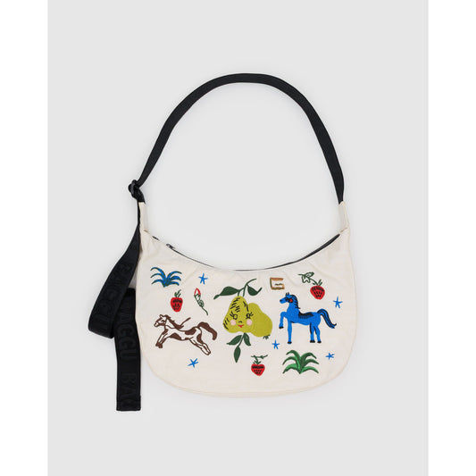 Medium Nylon Crescent Bag - Embroidered Painted Prairie