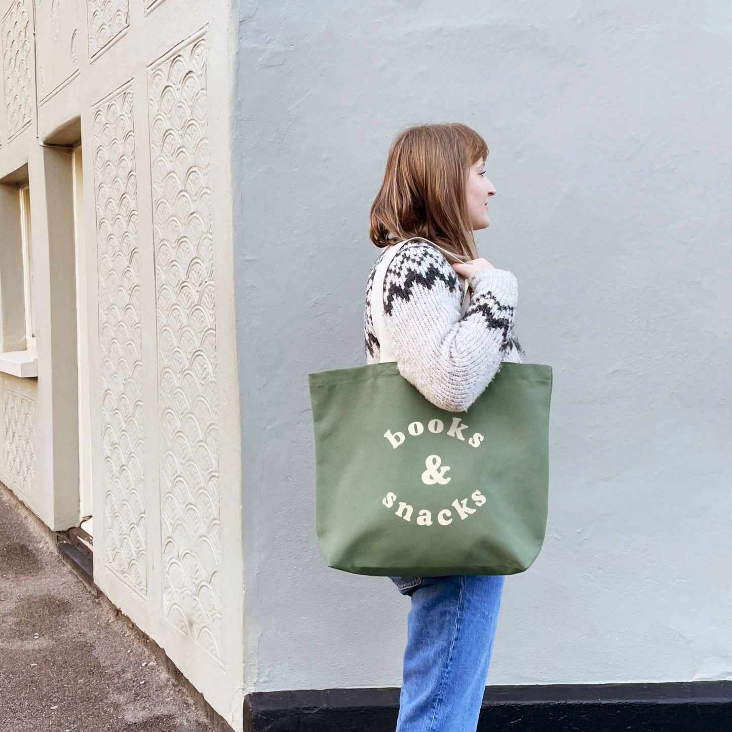 Alphabet Bag | Books & Snacks - Olive Green Canvas Tote Bag - The Malo Life