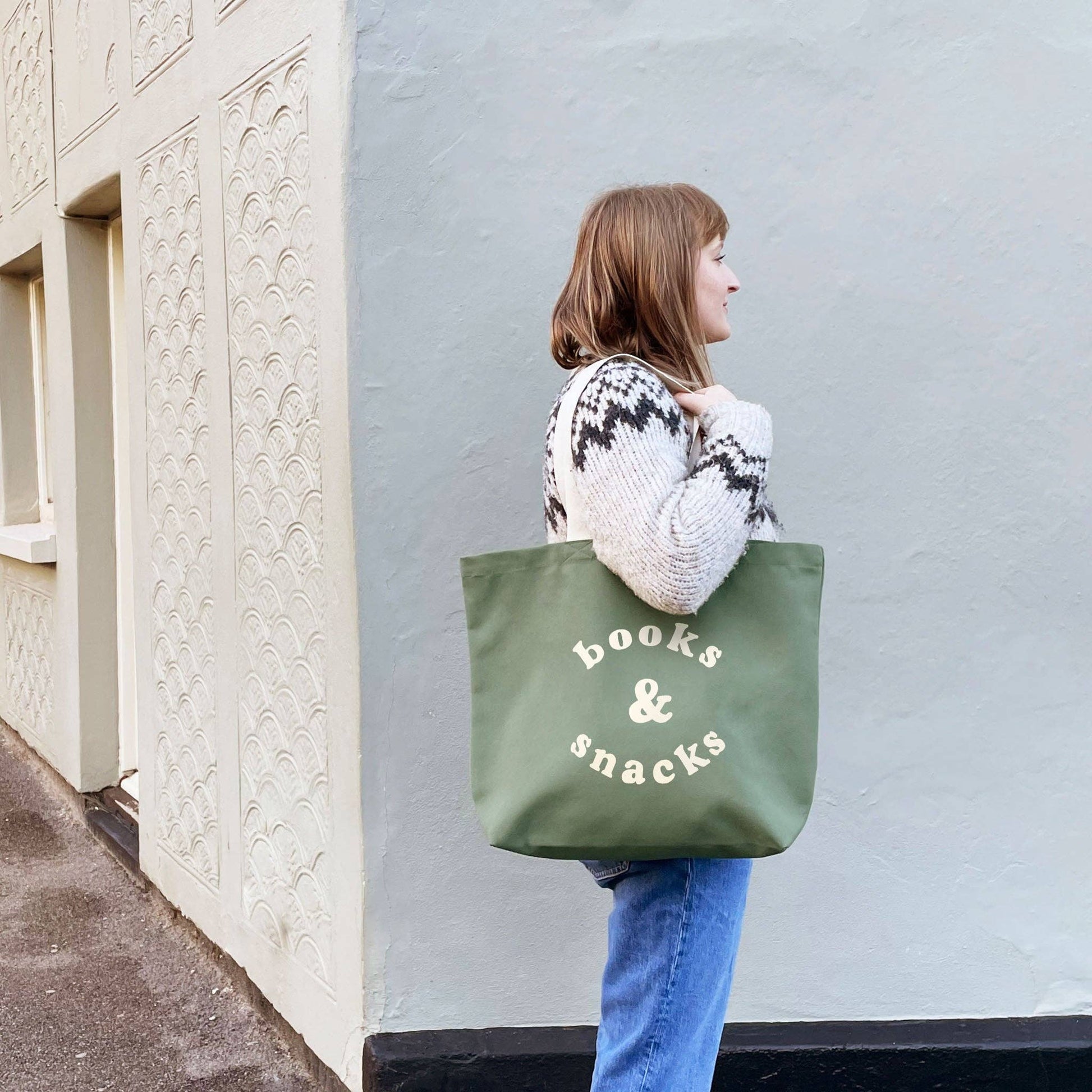 Alphabet Bag | Books & Snacks - Olive Green Canvas Tote Bag - The Malo Life