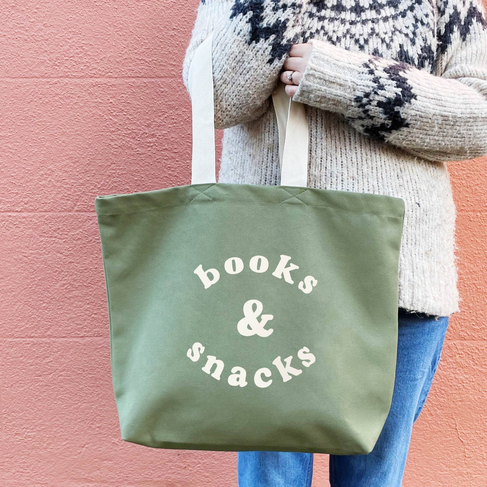 Alphabet Bag | Books & Snacks - Olive Green Canvas Tote Bag - The Malo Life
