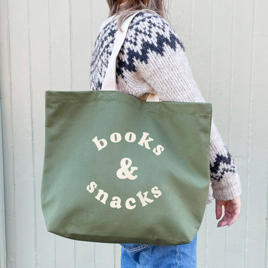 Alphabet Bag | Books & Snacks - Olive Green Canvas Tote Bag - The Malo Life