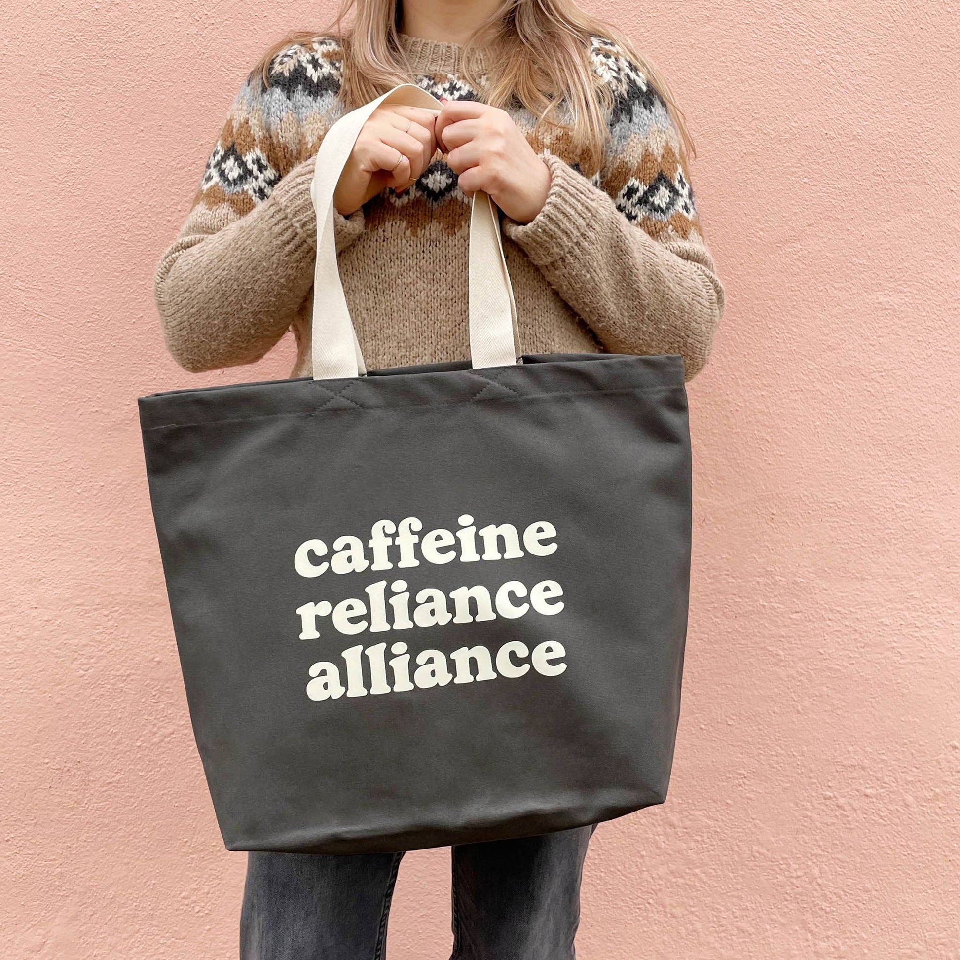 Alphabet Bag | Caffeine Reliance Alliance - Grey Tote Bag - The Malo Life