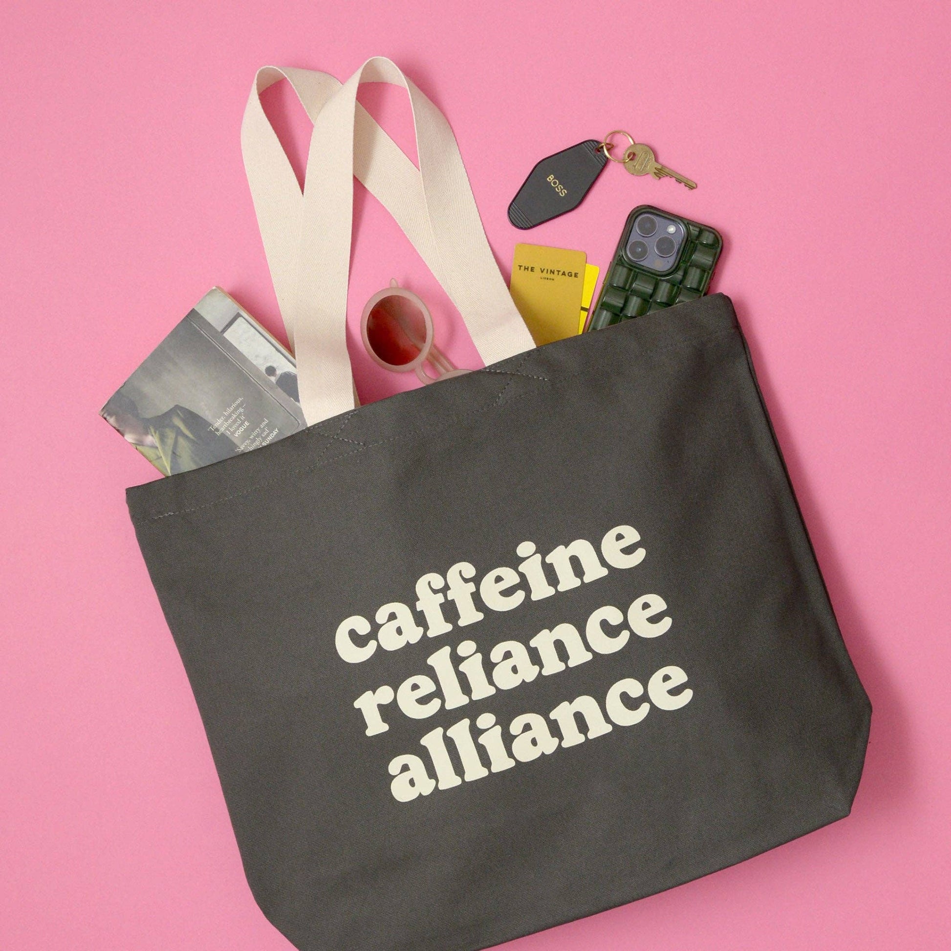 Alphabet Bag | Caffeine Reliance Alliance - Grey Tote Bag - The Malo Life